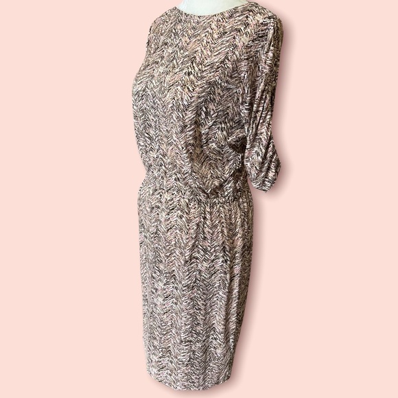 ELLEN TRACY|Boat Neck Herringbone print 3/4 sleeve midi dress w/ruch/tie sleeves - Picture 3 of 14